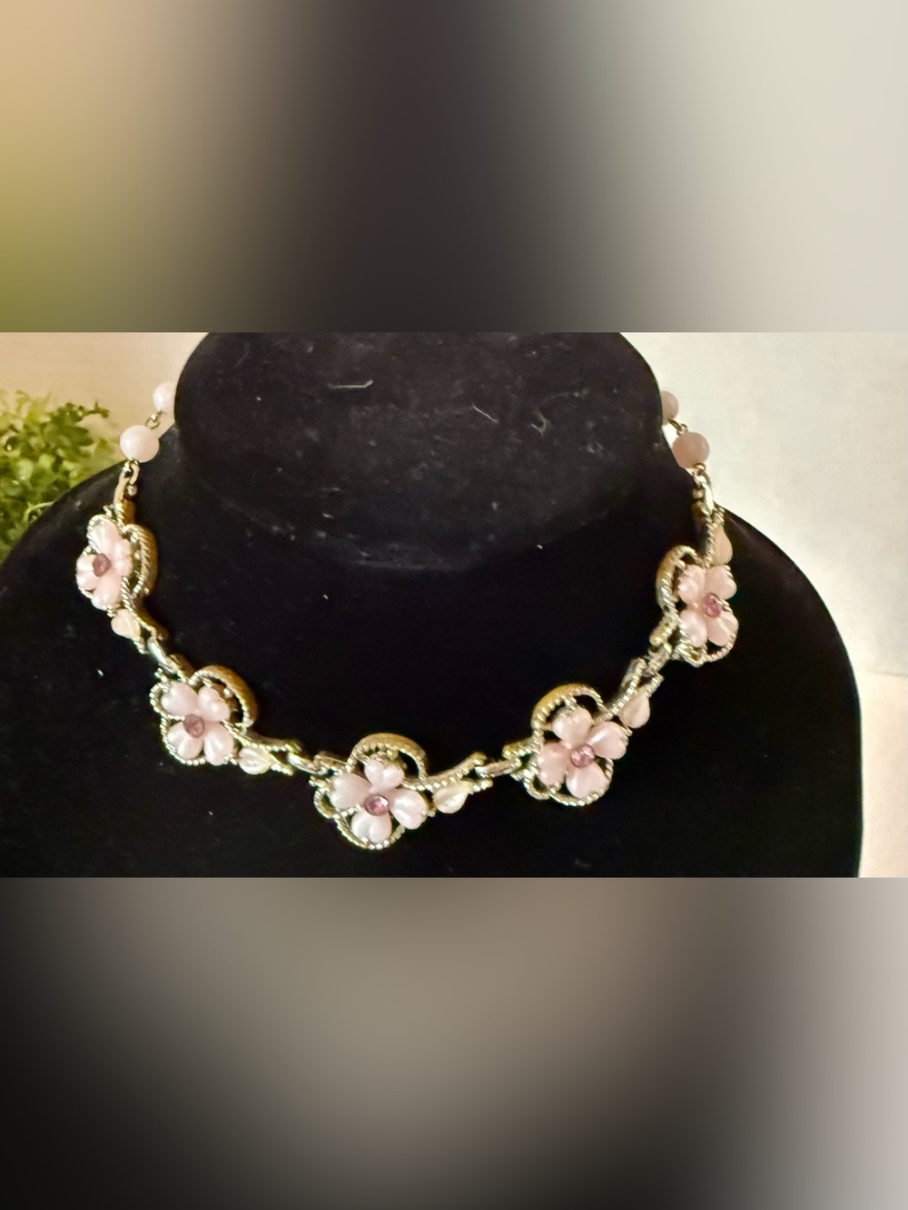 Vintage pink thermoset flower links and rhinestone accents necklace
